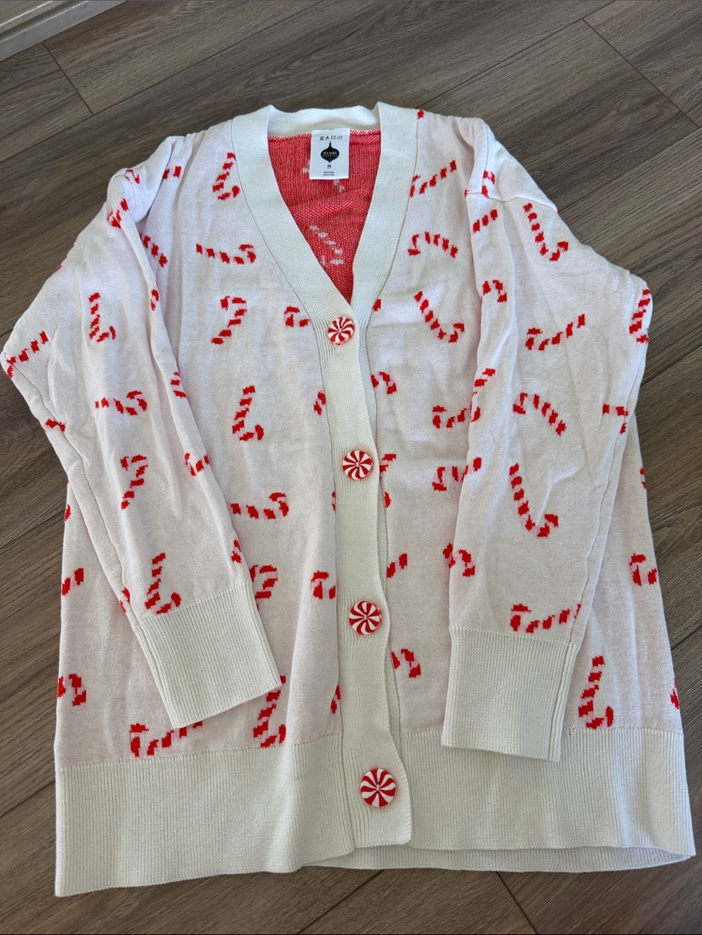 Holiday Candy Cane Print Cardigan Sweater - White/Red